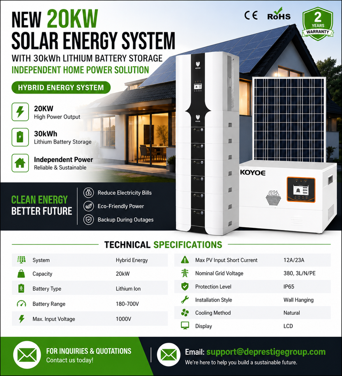 Nouveau système d'énergie solaire de 20 kW avec stockage sur batterie au lithium de 30 kWh – Solution d'alimentation domestique autonome