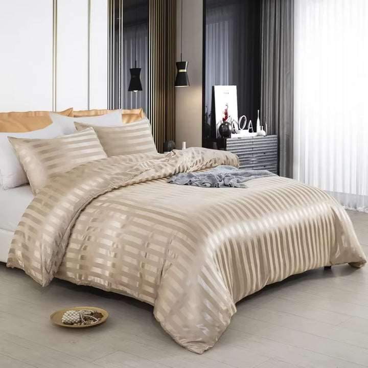 New Satin Striped Cover Luxury Silky Duvet Bedding Set