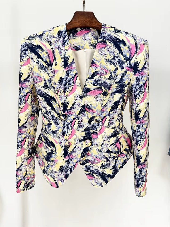 New Arrived Women Stylish Feather Printed Collarless Blazer Jackets