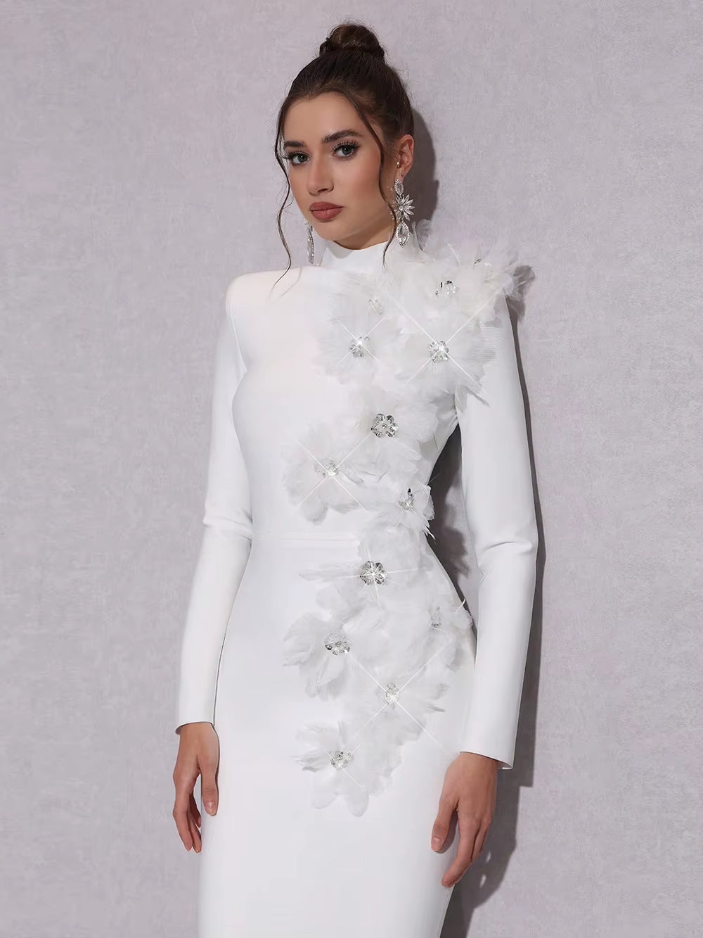 New Women Bandage Dress with Splicing Flowers Maxi Dress Gown