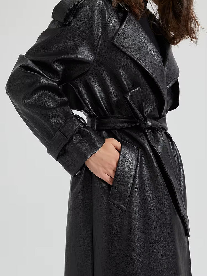 Modern Women Spring Autumn Extra Long  Leather Trench Coat 
