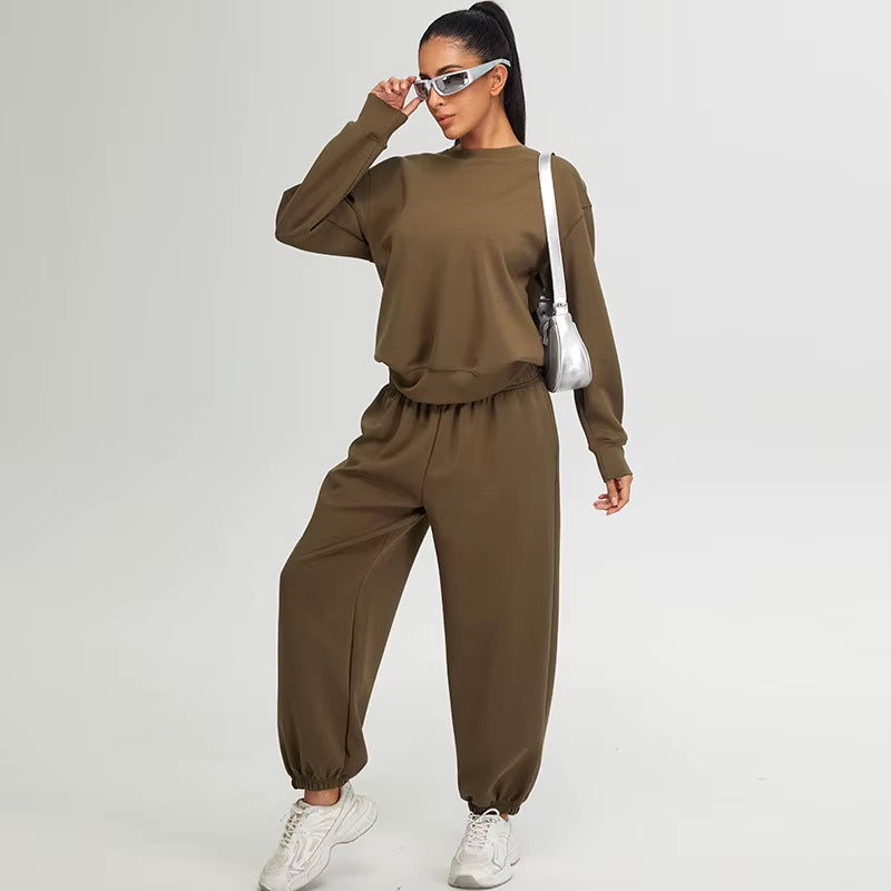 Fusion Quality Yoga Set Women Long Sleeve O Neck Hoodie and High Waist Sweatpants Running Suit