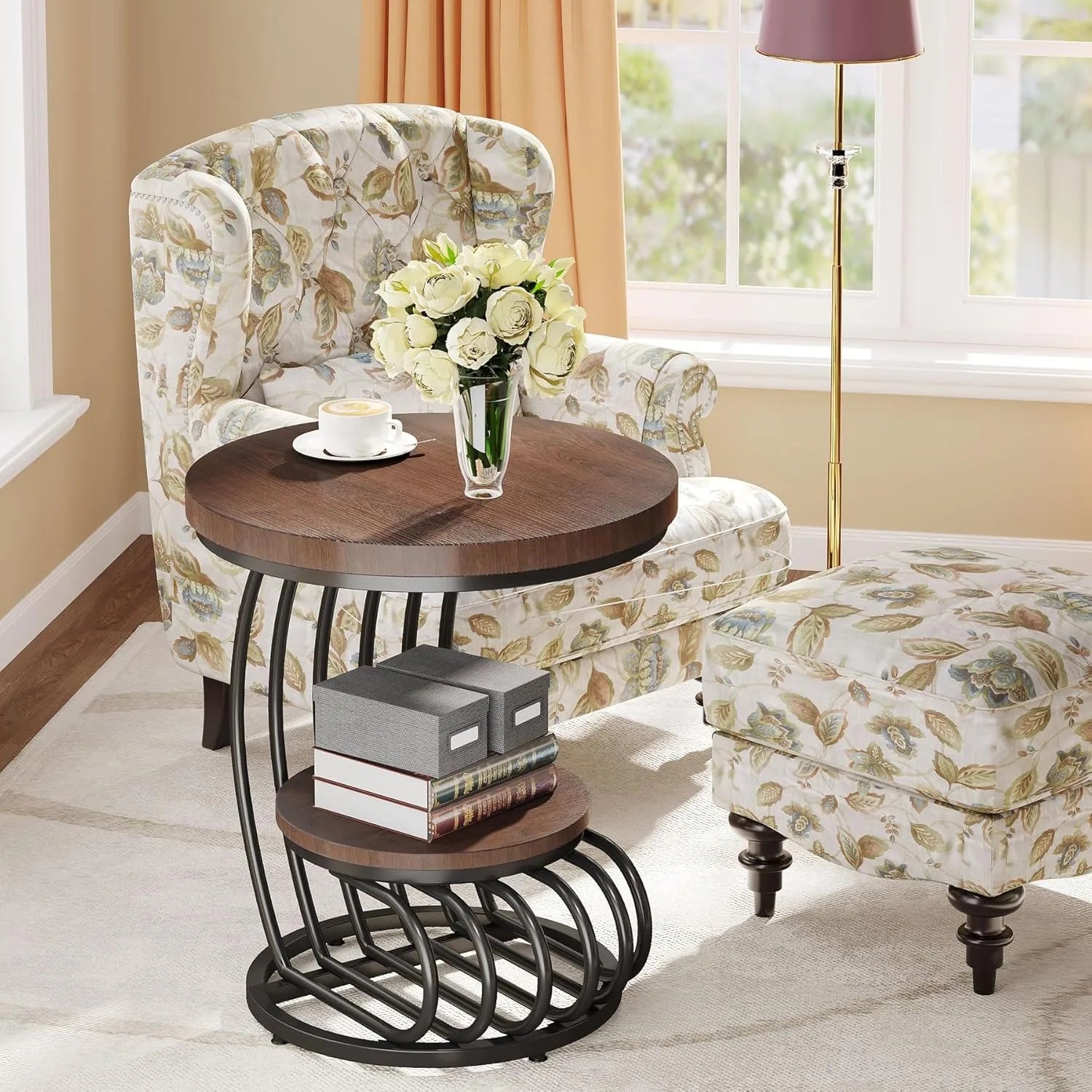 Arc-Shaped Side Table with 2 Tiers Storage Shelves