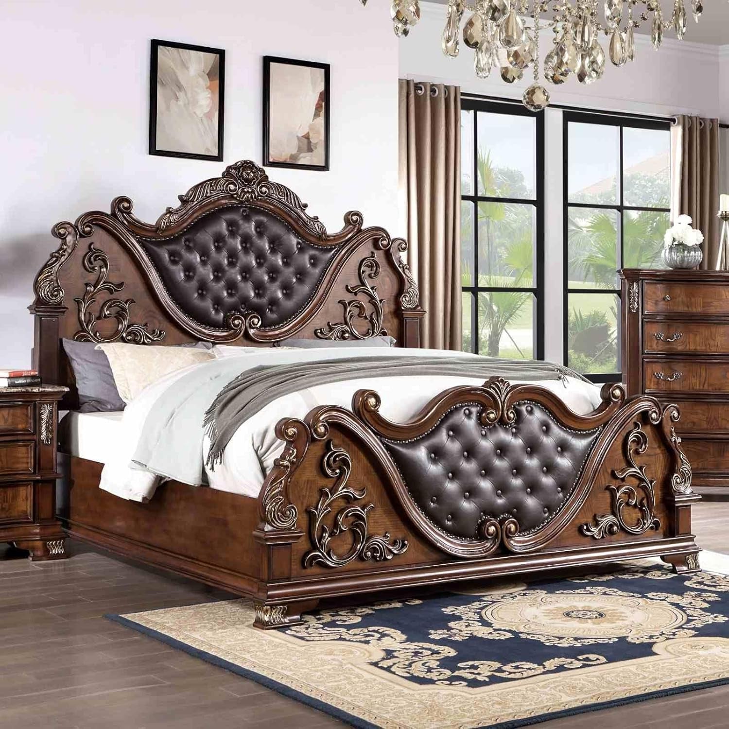 Vintage Traditional Wooden Luxury Bed Frame with Leather Button Tufted 