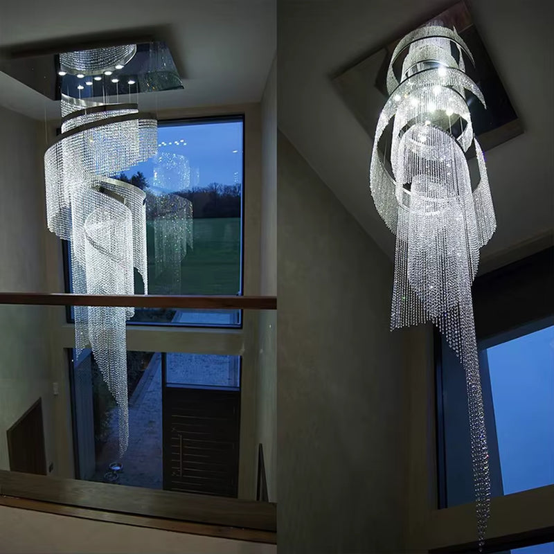 Custom Project Decorative Long Hotel Light Villa Modern Luxury Led Ceiling Crystal Staircase Chandelier