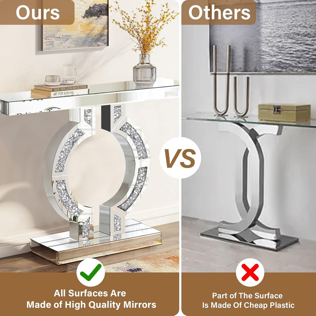 Luxury Silver Mirrored Table with Crushed Diamond Inlay, Home Living Room