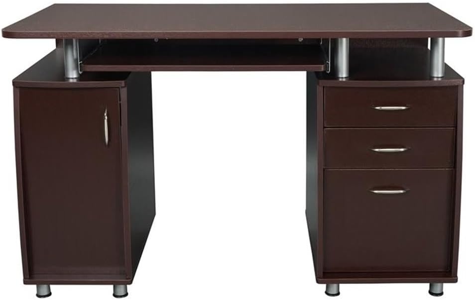 Brown office desk with drawers and a cabinet on a white background