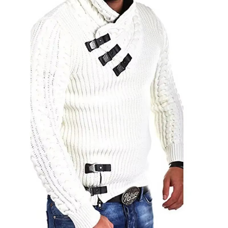 Europe and the United States New Men'S Sweater Long-Sleeved Leather Buckle Knitted Sweater Top Pullover Sweater Men'S Clothing