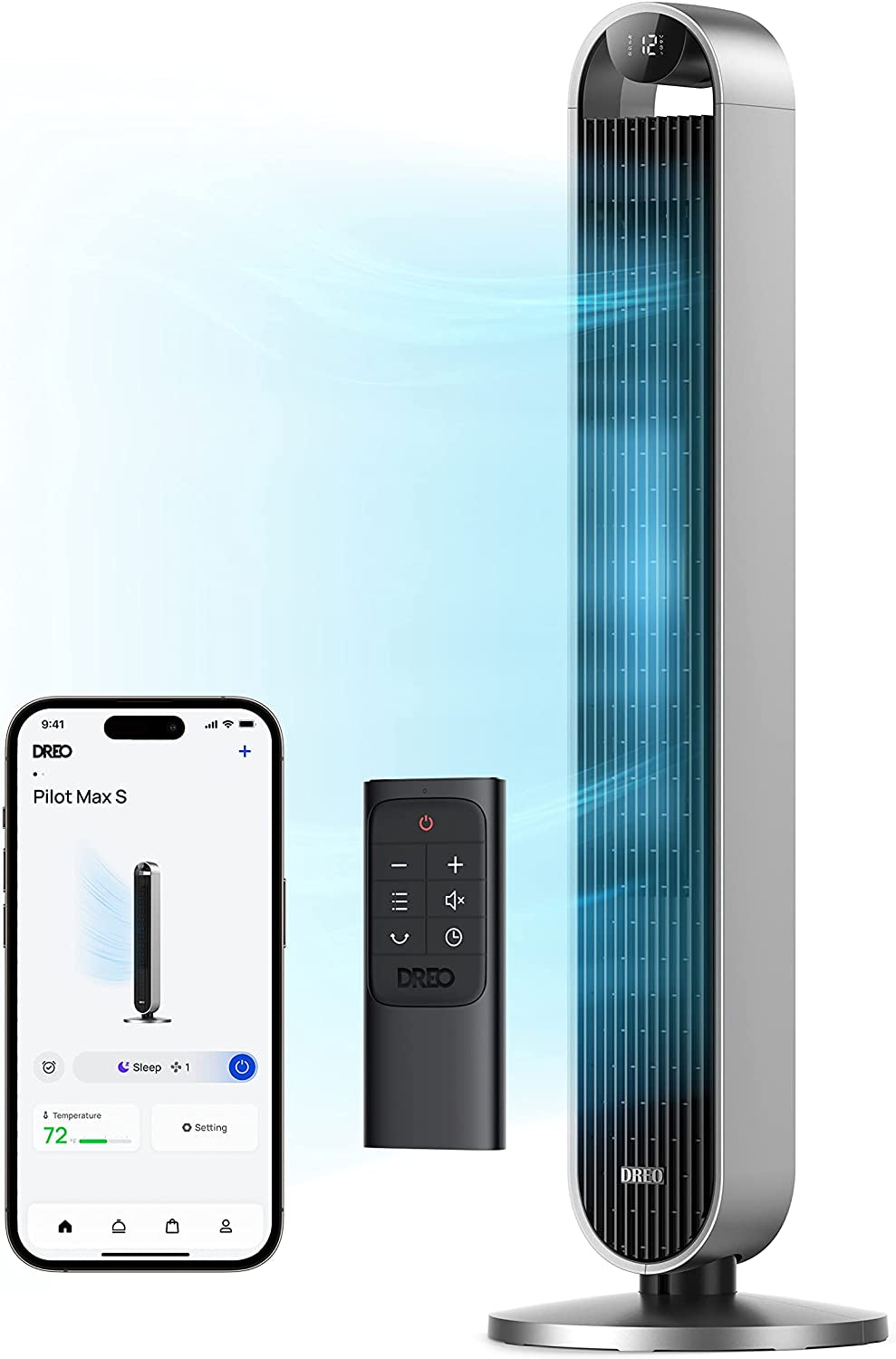 Tower Fan for Bedroom, 42 Inch 120° Oscillating Fan, 25Db Quiet DC Motor, 28Ft/S Velocity Bladeless Standing Fan with 12 Speeds, 4 Modes, 12H Timer Cooling Fans for Home, Living Room, Pilot Max S