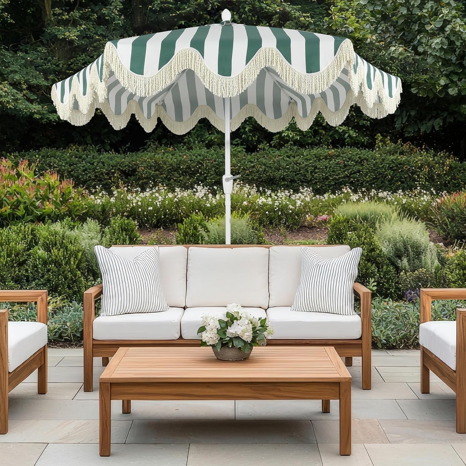 UMB1001 Collins 9 Ft. Classic Cottage Tassel Market Patio Umbrella with Auto-Tilt, Crank, Wind Vent and UV Protection