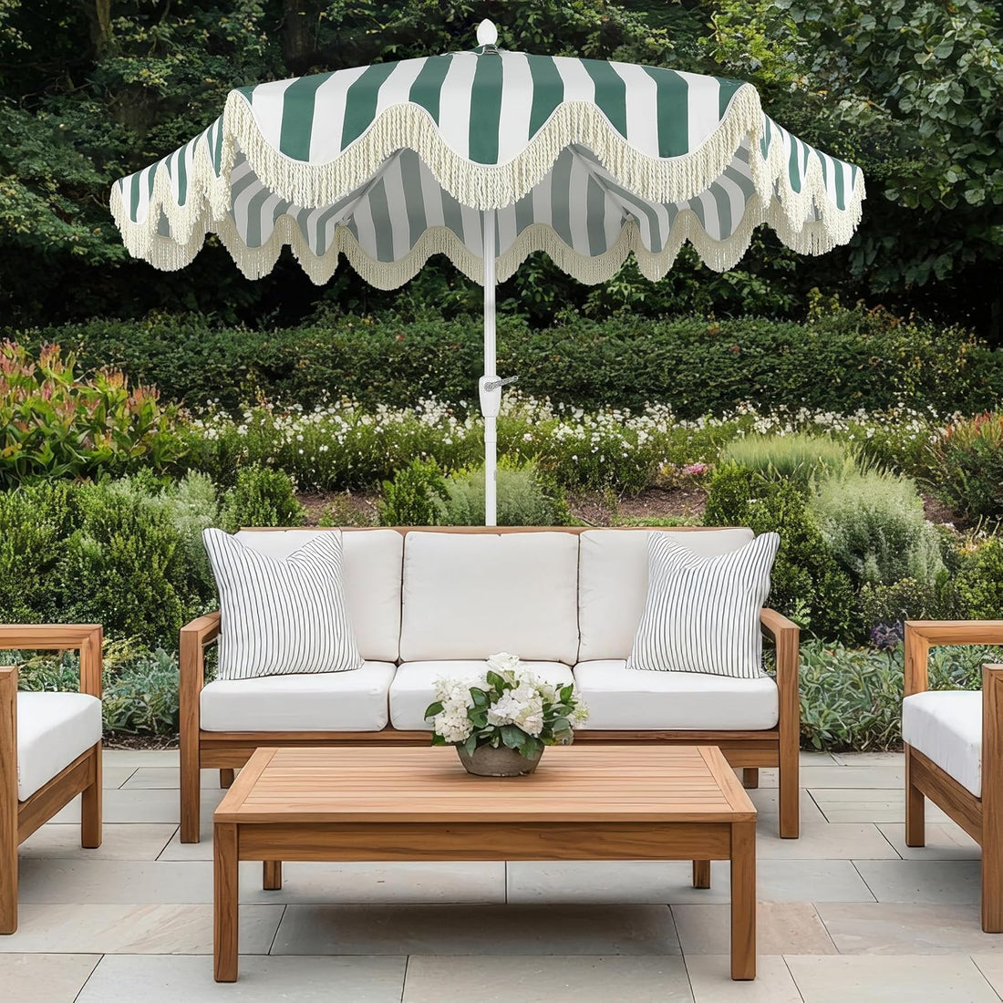 UMB1001 Collins 9 Ft. Classic Cottage Tassel Market Patio Umbrella with Auto-Tilt, Crank, Wind Vent and UV Protection