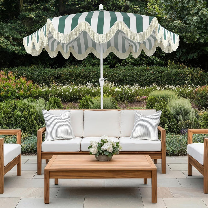 UMB1001 Collins 9 Ft. Classic Cottage Tassel Market Patio Umbrella with Auto-Tilt, Crank, Wind Vent and UV Protection