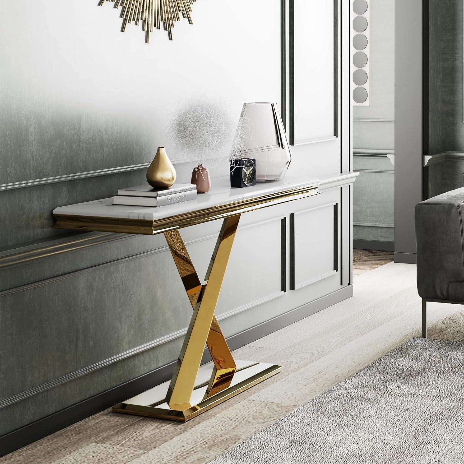 Gold Console Table, 50" Entryway Table with White Tabletop & Gold Polished X-Base, Luxury Sofa Table for Living Room, Hallway, Foyer