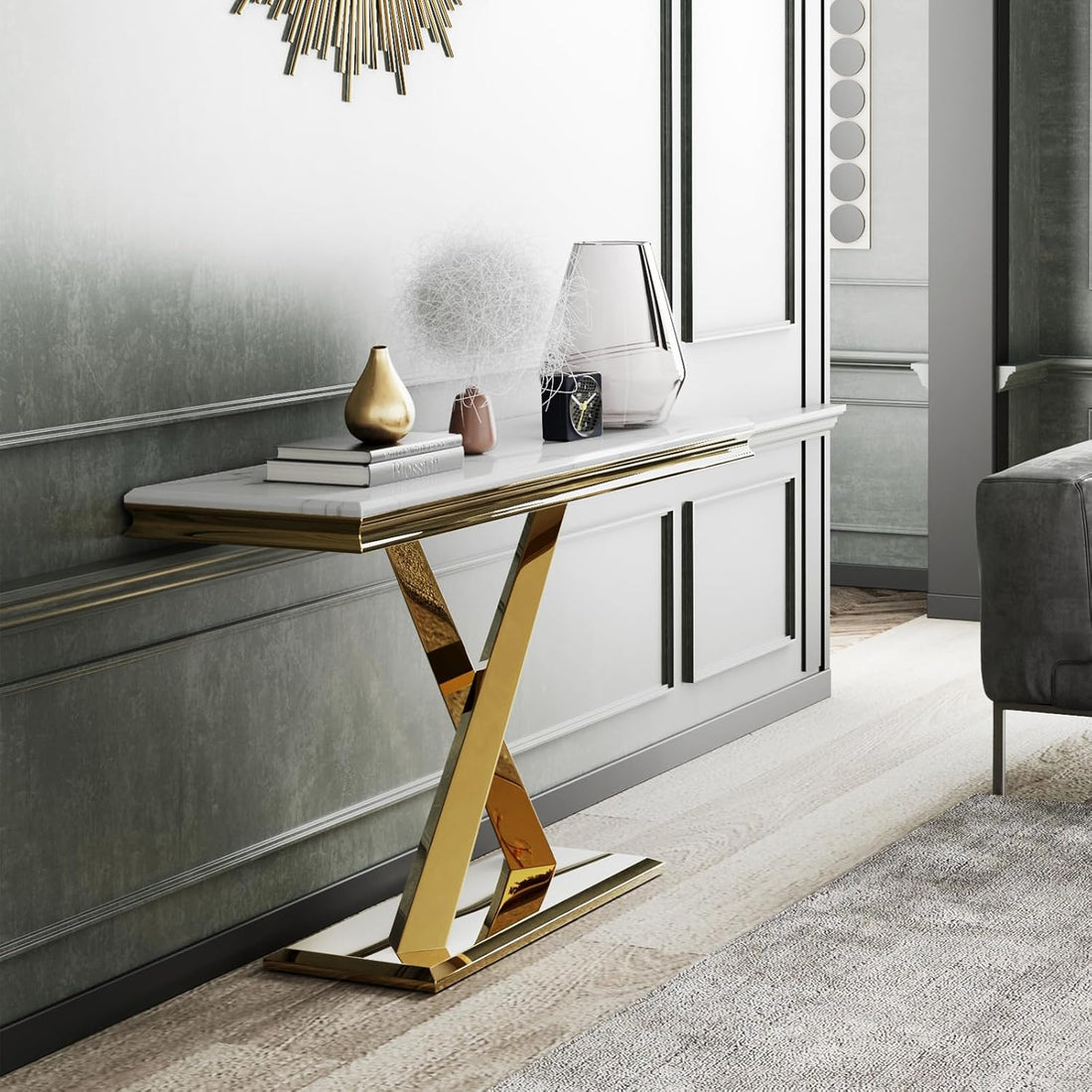 Gold Console Table, 50" Entryway Table with White Tabletop & Gold Polished X-Base, Luxury Sofa Table for Living Room, Hallway, Foyer