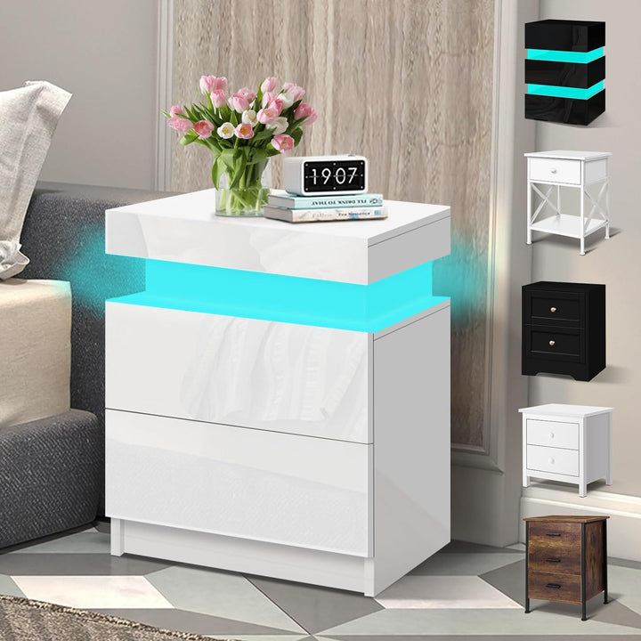 Rustic Elegance , 4 Sides High Gloss LED with 16 Colours, Side Cabinet Nightstand Bedroom Living Room Furniture White