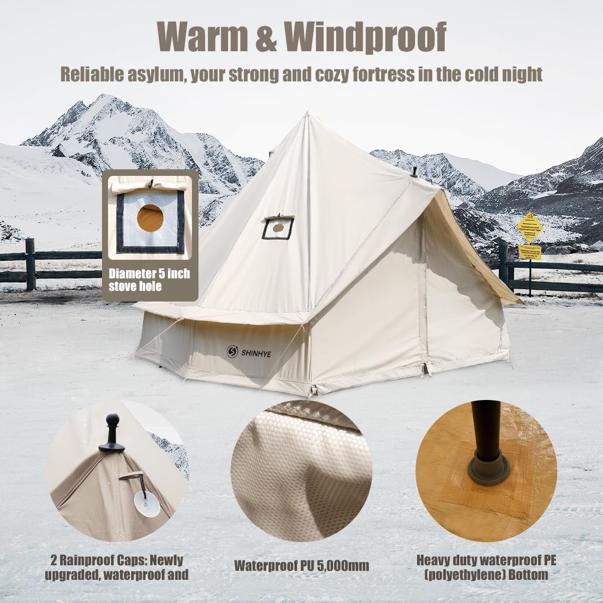 Canvas Bell Tent Yurt Tent 4 Seasons for Camping 100% Cotton Glamping Tents with Stove Jack, Family Camping Outdoor Hunting Party