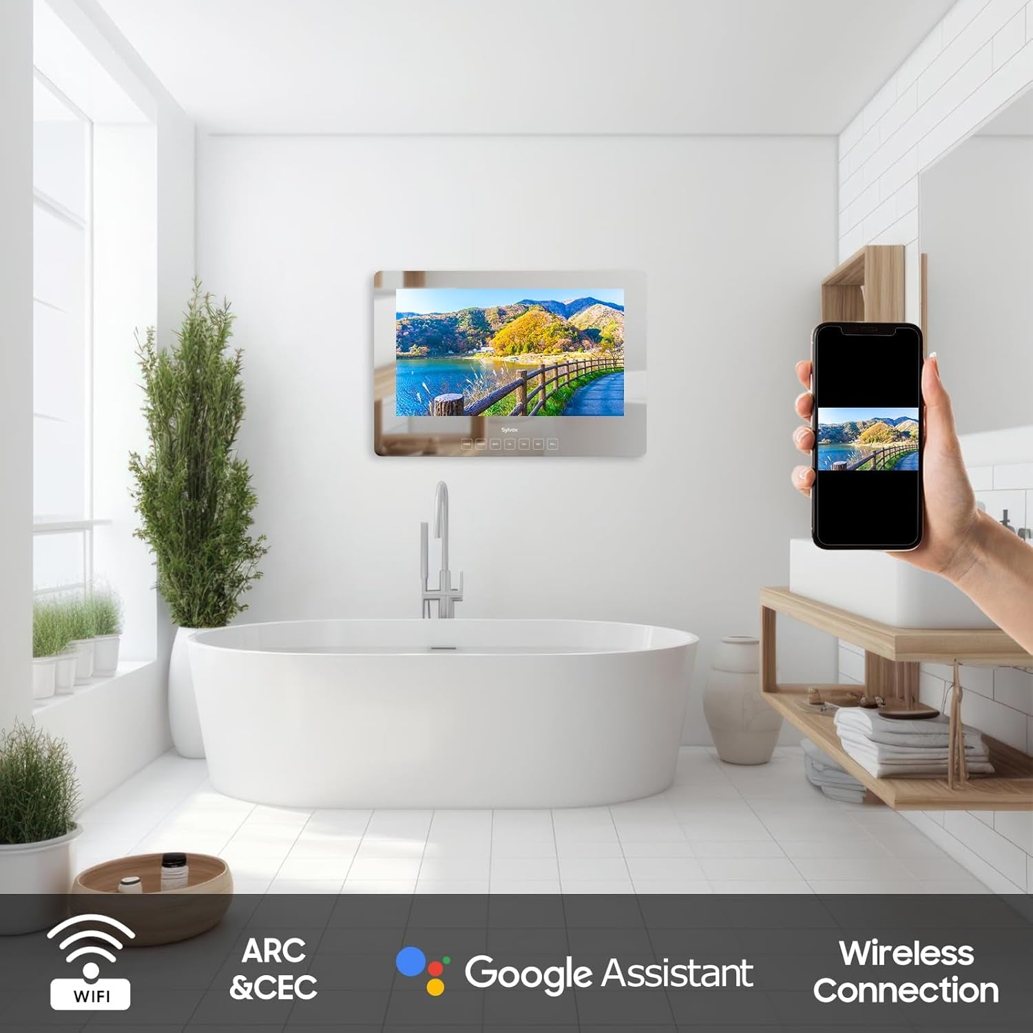 19'' Smart TV Bathroom Magic Mirror Waterproof LED TV 1080P 500NITS High Brightness Dual Front Speakers Wall Mounting Suitable for Bathrooms,Hotels,Saunas