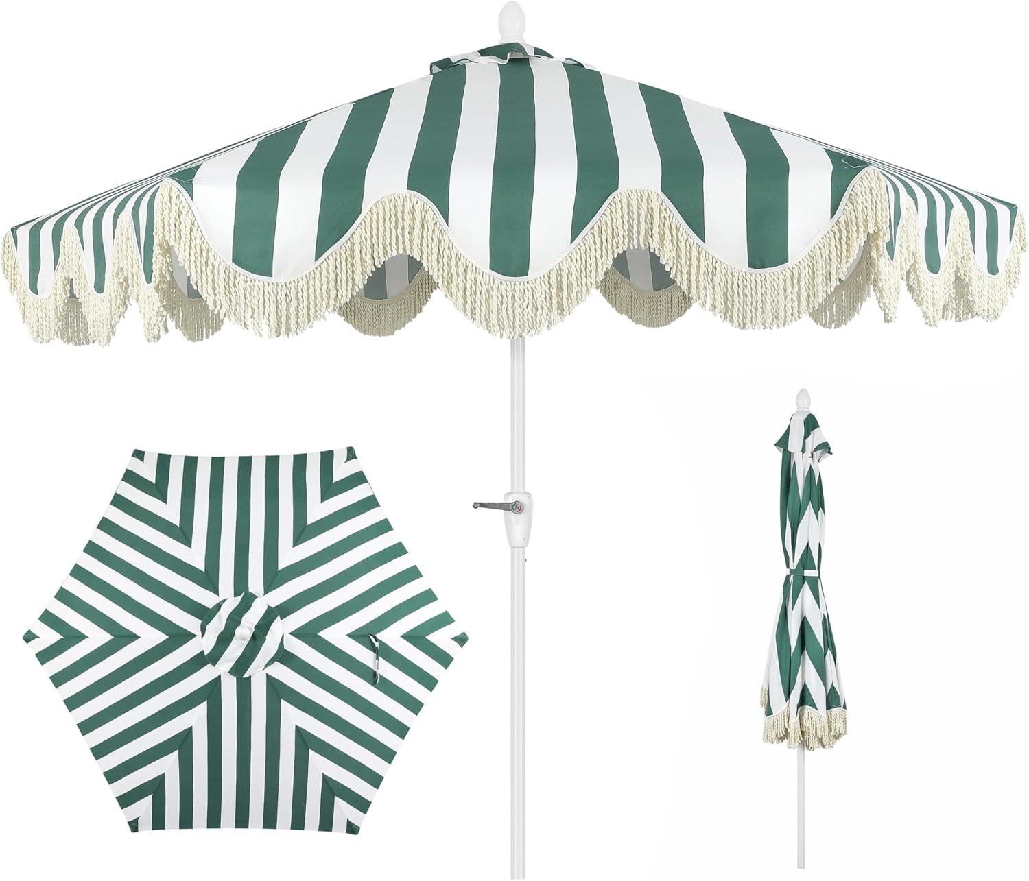 UMB1001 Collins 9 Ft. Classic Cottage Tassel Market Patio Umbrella with Auto-Tilt, Crank, Wind Vent and UV Protection
