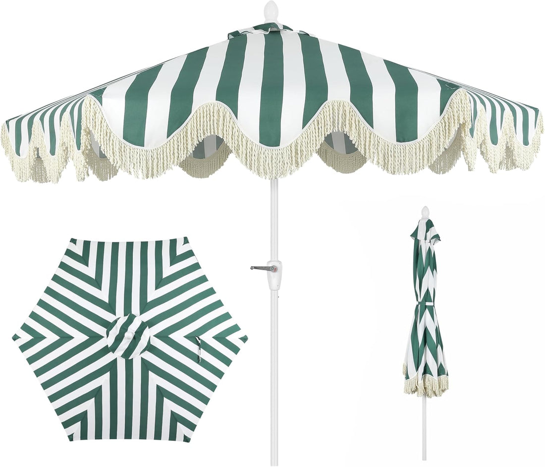 UMB1001 Collins 9 Ft. Classic Cottage Tassel Market Patio Umbrella with Auto-Tilt, Crank, Wind Vent and UV Protection