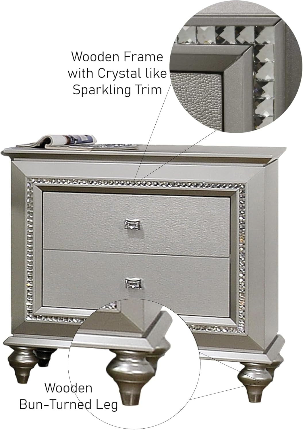 Modern luxe Champagne Glam Nightstand  Bedside Table with Drawers