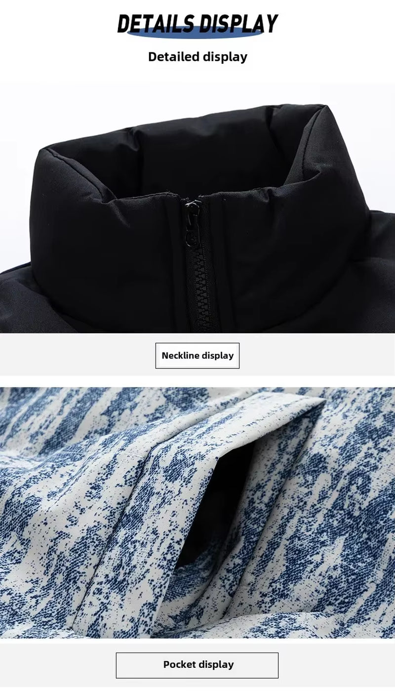 Men'S Warm Jacket Winter New Fashion Tie-Dye Gradient Loose Outdoor Travel Stand Collar Coat Men'S Thickening Padded Clothing