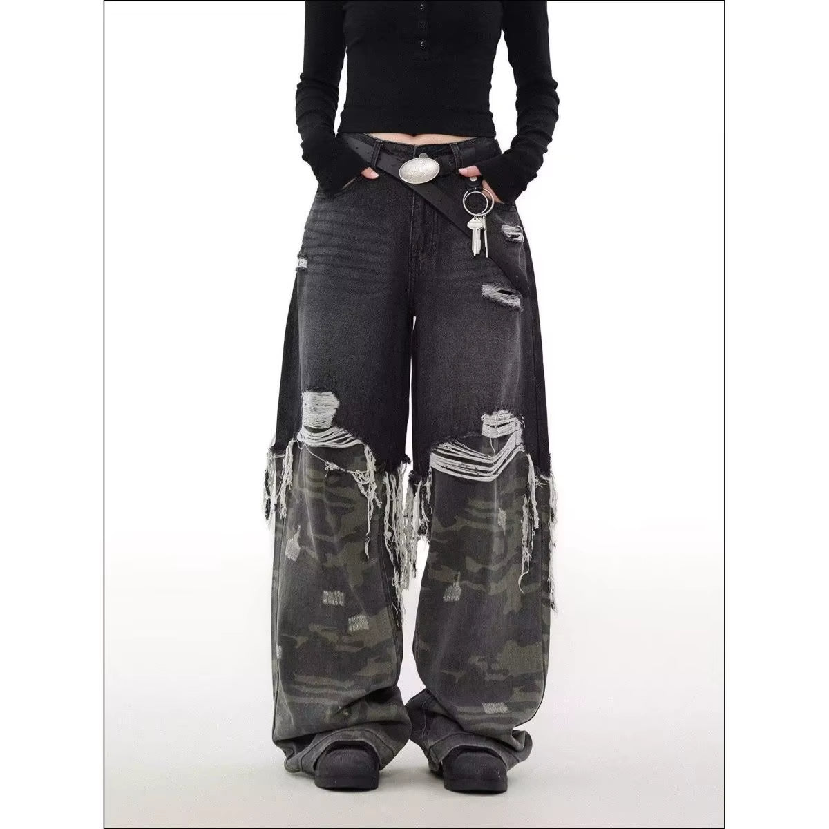 Mens Street Fashion Camouflage Patchwork Jeans