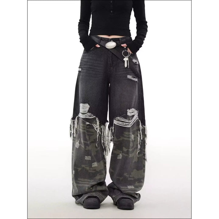 Mens Street Fashion Camouflage Patchwork Jeans