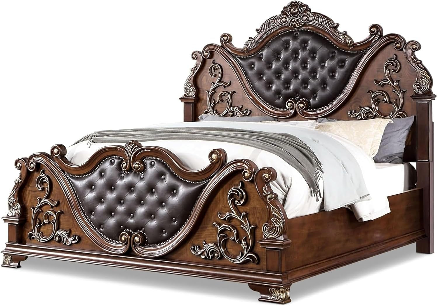 Vintage Traditional Wooden Luxury Bed Frame with Leather Button Tufted 