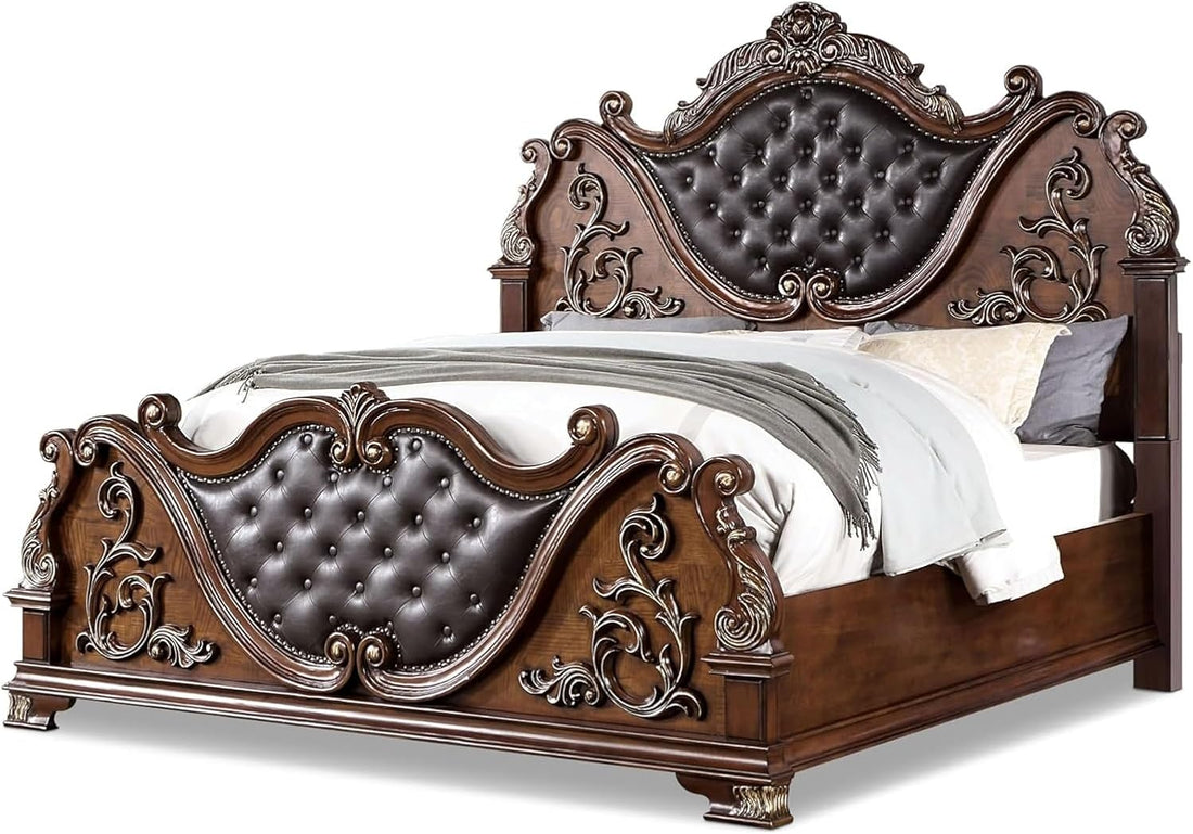 Vintage Traditional Wooden Luxury Bed Frame with Leather Button Tufted 