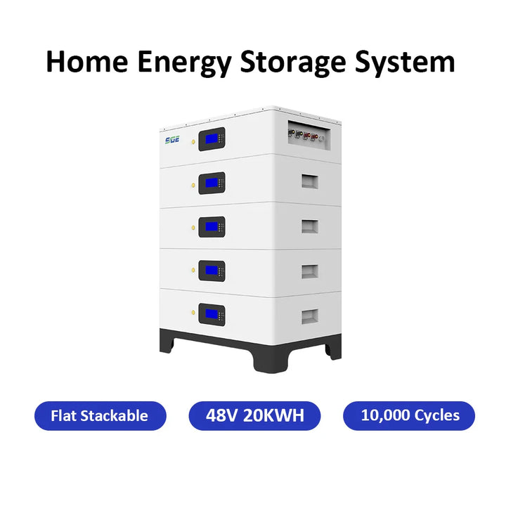 A white home energy storage system battery pack with five stacked modules, shown on a light gray background with text reading 'Home Energy Storage System' and feature badges at the bottom.