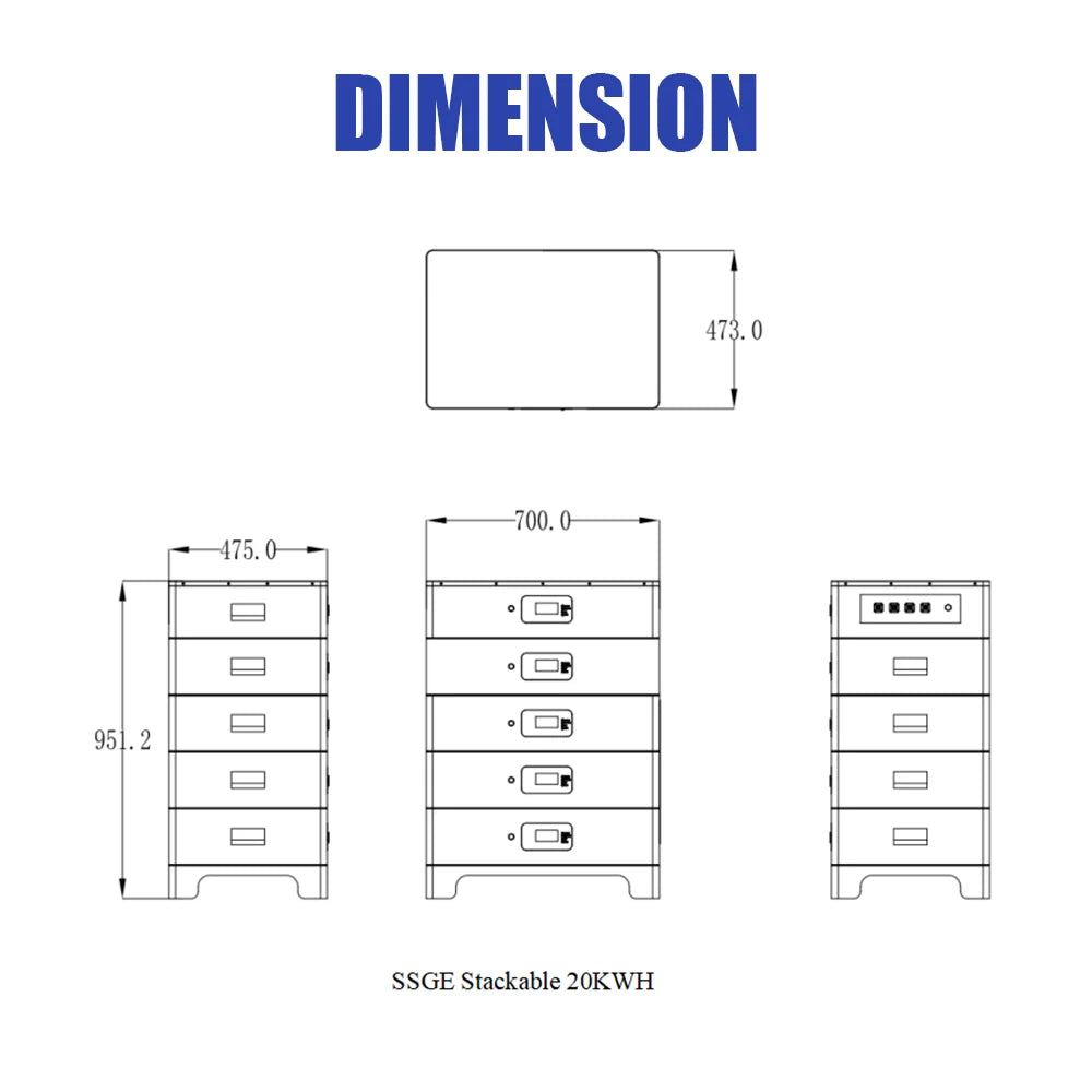 Technical dimension diagram of an SSGE stackable 20KWH battery system, showing front, side, and top-down views with measurements on a white background.