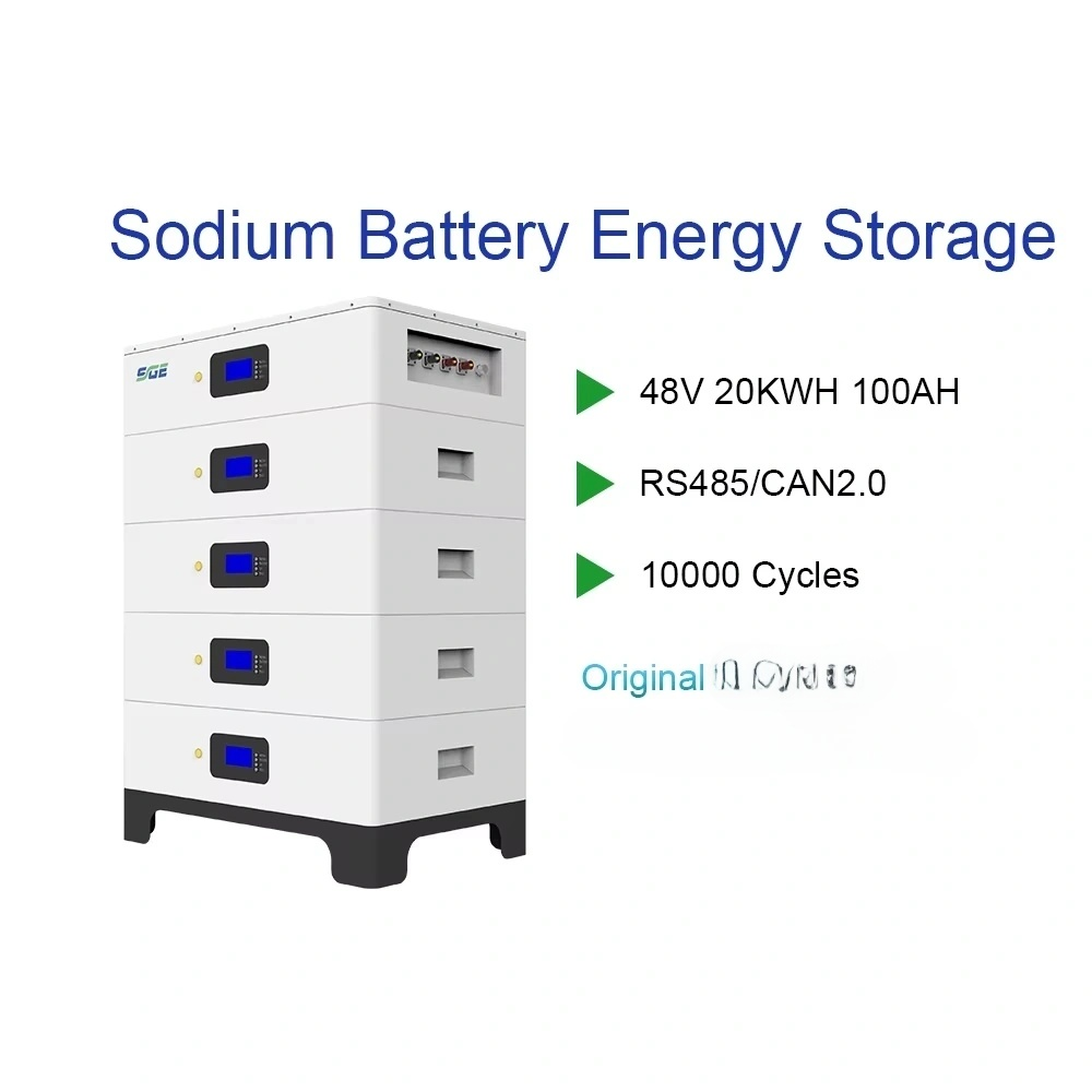 A white stacked sodium battery energy storage system with blue display screens and black feet, shown on a white background with text detailing its specifications: 48V 20KWH 100AH, RS485/CAN2.0, and 10000 Cycles.