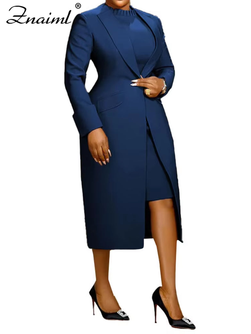 New Fusion Elegant Office Lady Long Blazer with Dress 2 Pieces Business African Streetwear Outfits