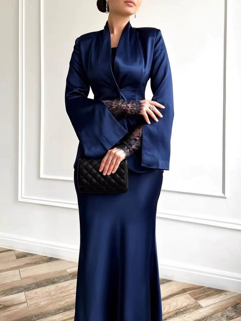 New Women V-Neck Blazer with Half Skirt Set Party Wedding Wear