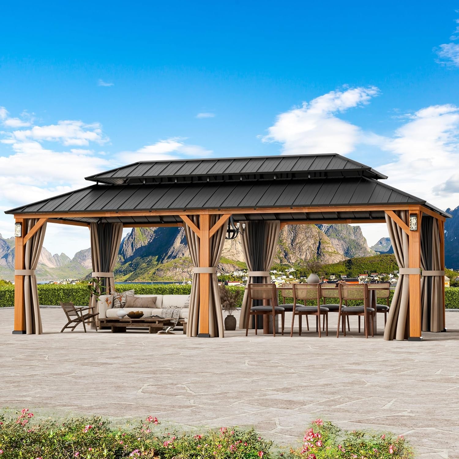 Modern Shade Horizon Permanent Hardtop Gazebo with Curtains
