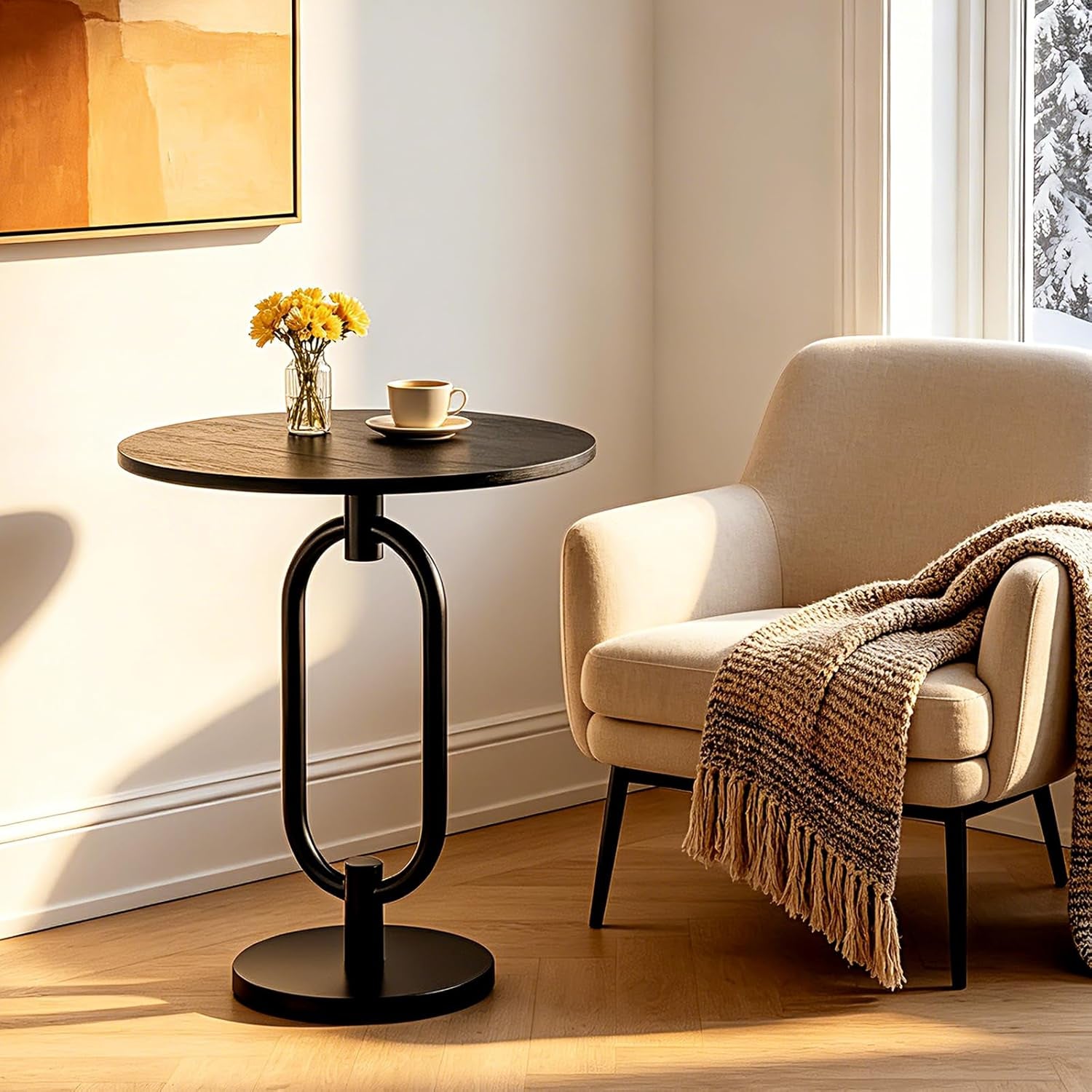 17In Black round Side Table Heavy Duty Modern End Table Stable Sofa Side Table with Marble Base Integrated Accent Coffee Table Nightstand for Living Room Bedroom Backyard