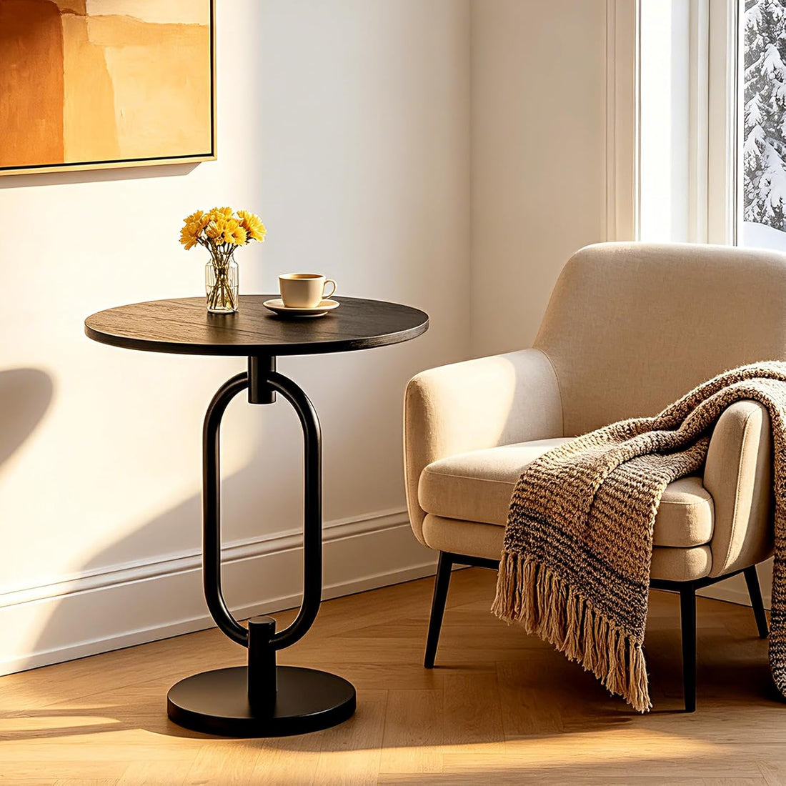 17In Black round Side Table Heavy Duty Modern End Table Stable Sofa Side Table with Marble Base Integrated Accent Coffee Table Nightstand for Living Room Bedroom Backyard