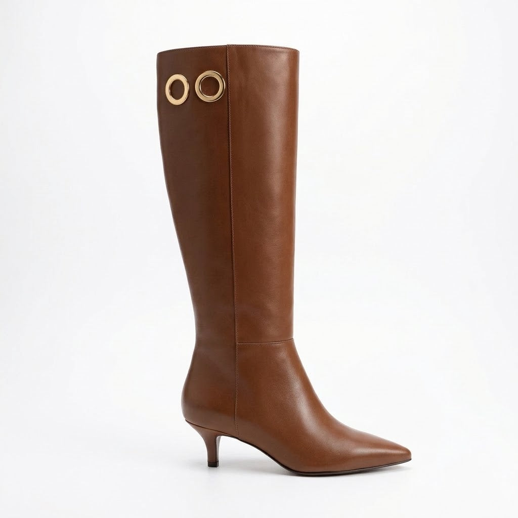 Luxury Women's Genuine Leather Knee High Boots – Pointed Toe, 4cm Kitten Heel