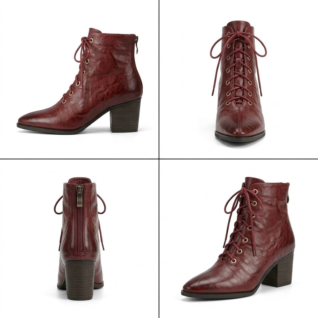 Women's Sheepskin Ankle Boots – Pointed Toe, Lace-Up Design, 6cm Chunky Heel