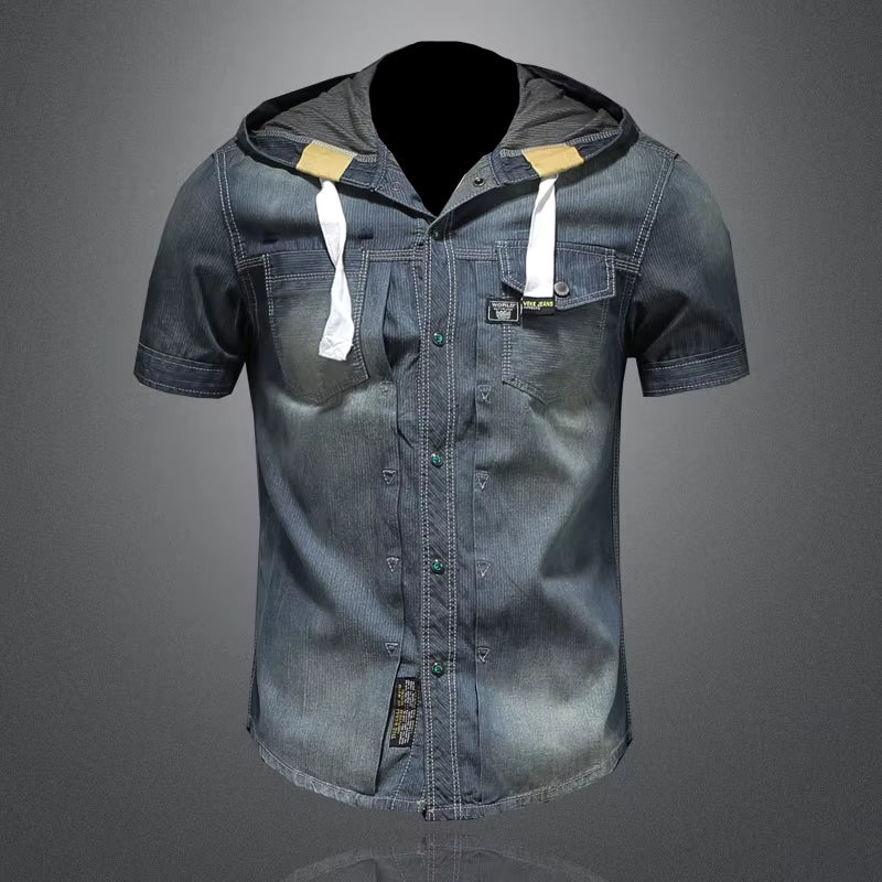 Mens Hooded Denim Short-Sleeved Shirt 