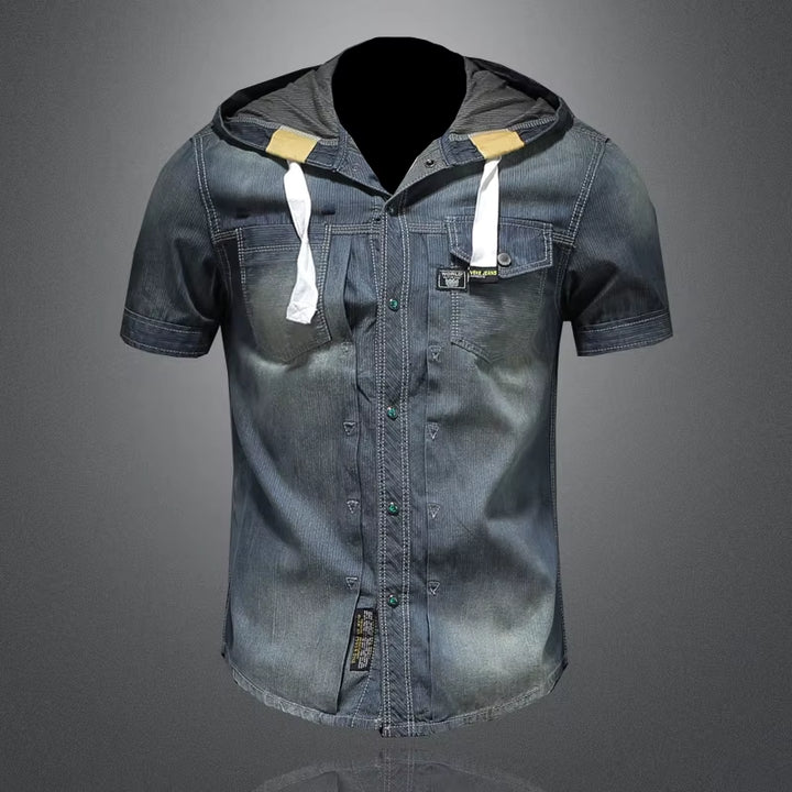 Mens Hooded Denim Short-Sleeved Shirt 