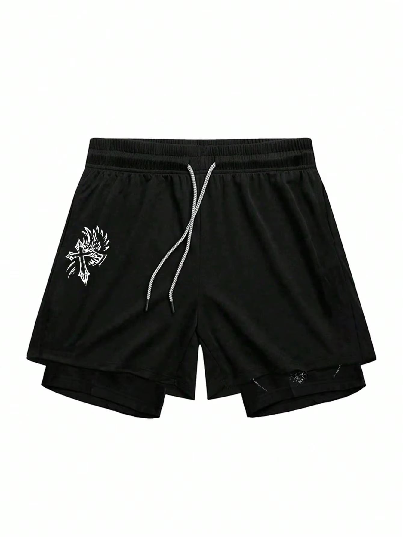 Men's Cross Print Drawstring  Double Layer Shorts 