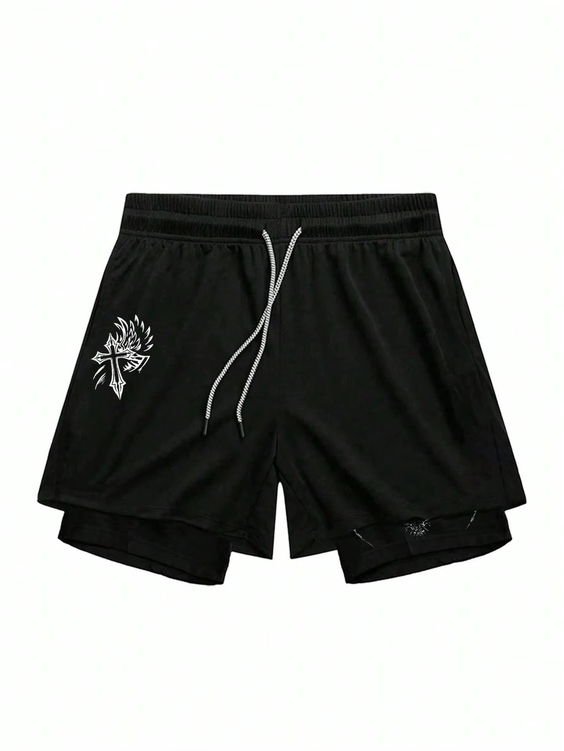 Men's Cross Print Drawstring  Double Layer Shorts 