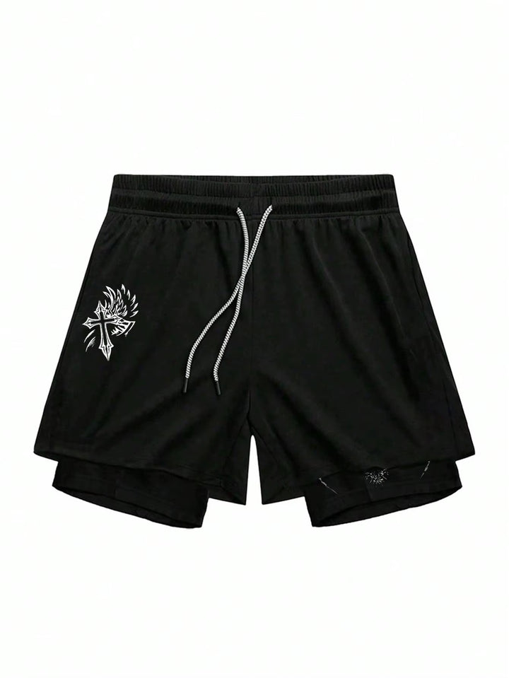 Men's Cross Print Drawstring  Double Layer Shorts 