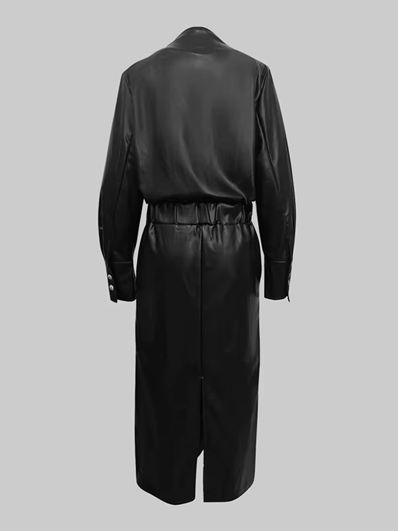 Women Premium Faux Leather High Waisted Pleated Black Long Dress  