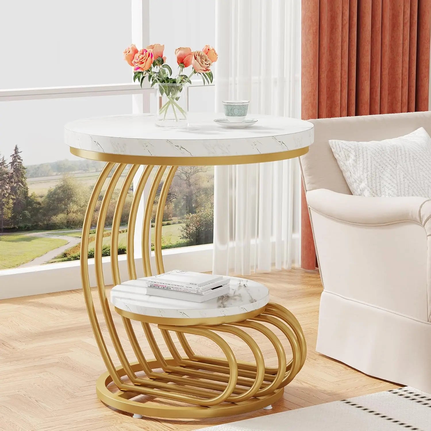 Arc-Shaped Side Table with 2 Tiers Storage Shelves