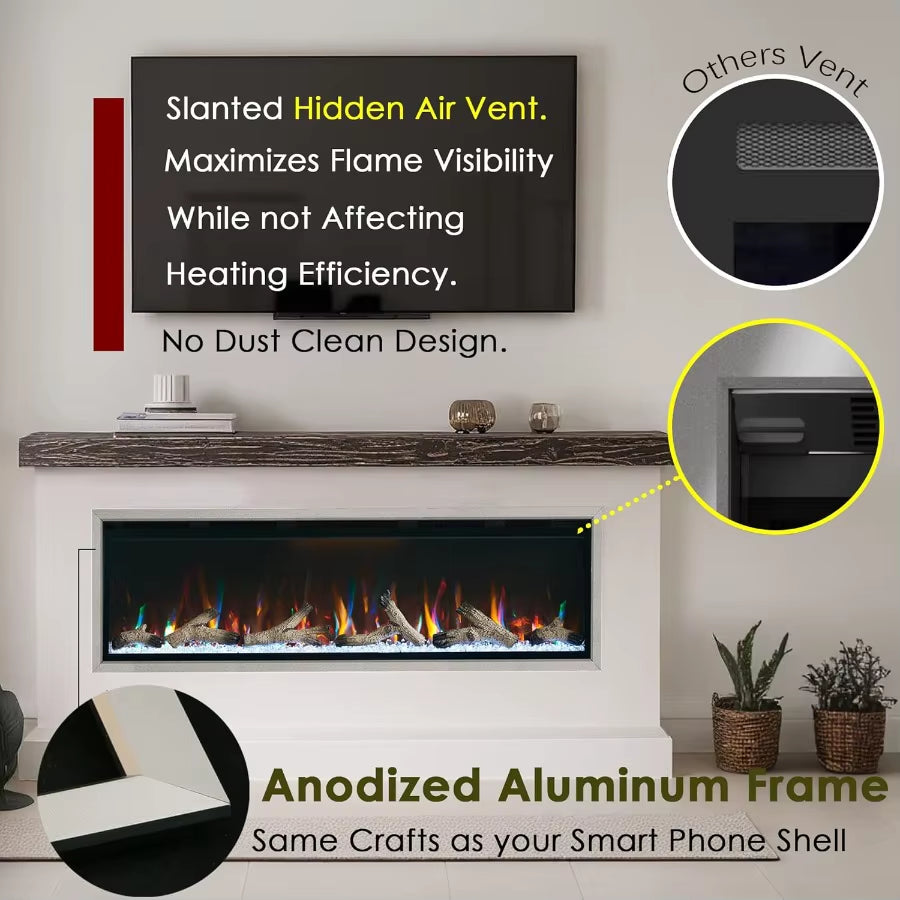 New Wall Mounted 60 Inch Electric Fireplace with Aluminum Frame