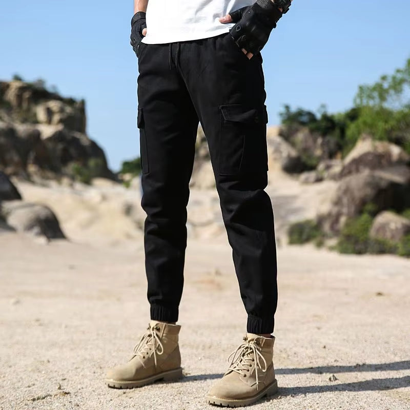 Drawstring Spring Autumn Men'S Clothing Solid Color Elastic High Waisted Pockets Casual Retro Bloomers Trousers Cargo Pants