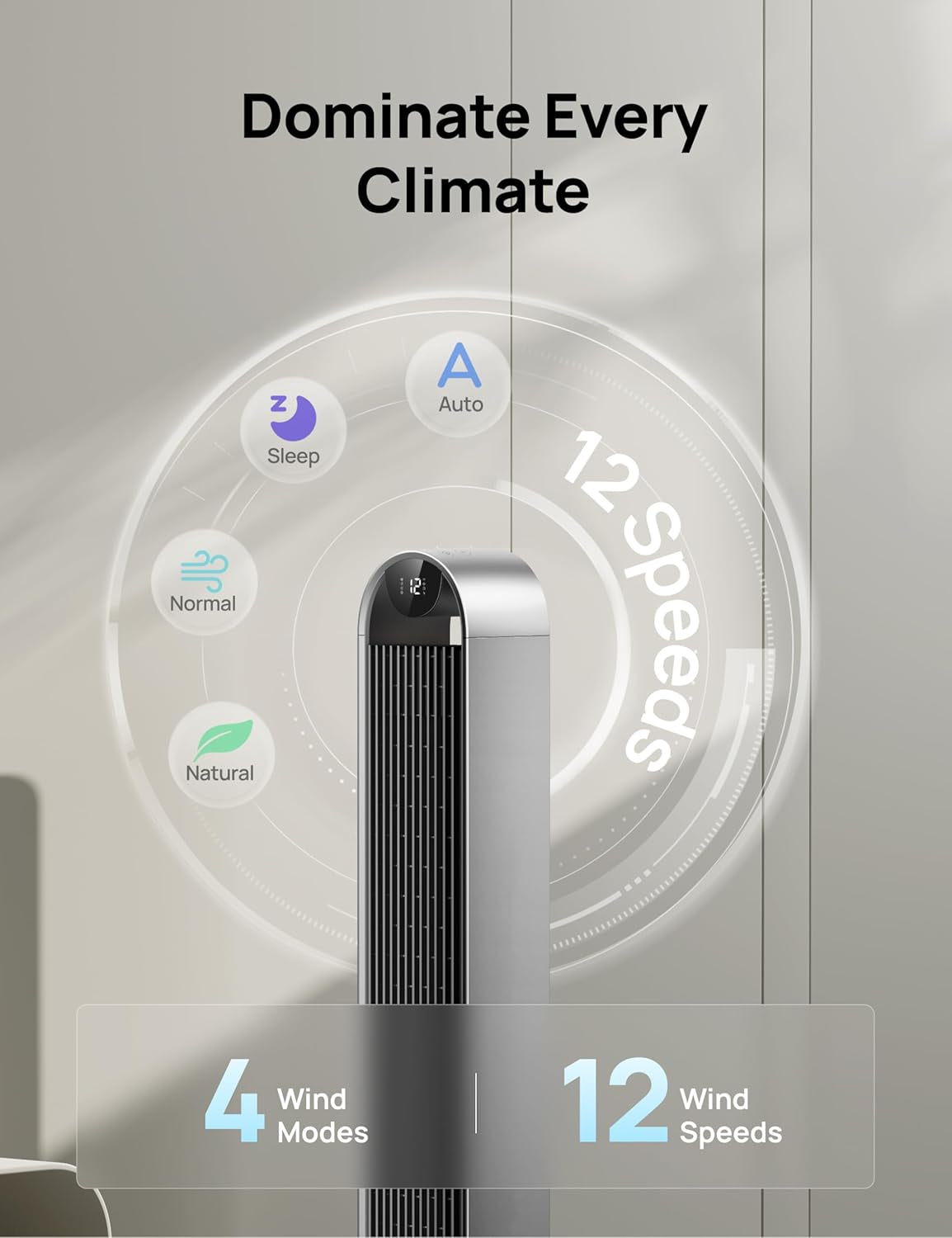 Tower Fan for Bedroom, 42 Inch 120° Oscillating Fan, 25Db Quiet DC Motor, 28Ft/S Velocity Bladeless Standing Fan with 12 Speeds, 4 Modes, 12H Timer Cooling Fans for Home, Living Room, Pilot Max S