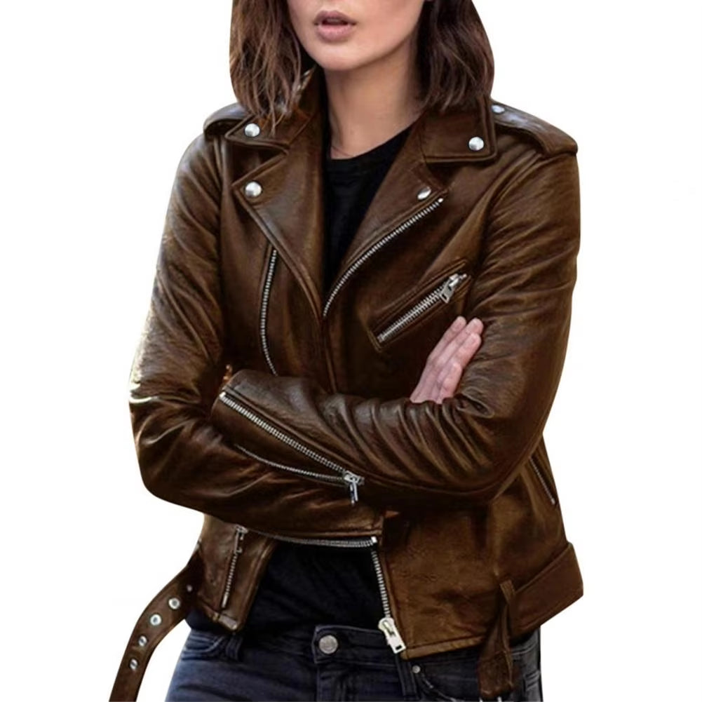 New Stylish Short Jacket Solid Female Moto Biker Jackets Thin Ladies Cool Faux Leather Jacket Slim Short Leather Outwear